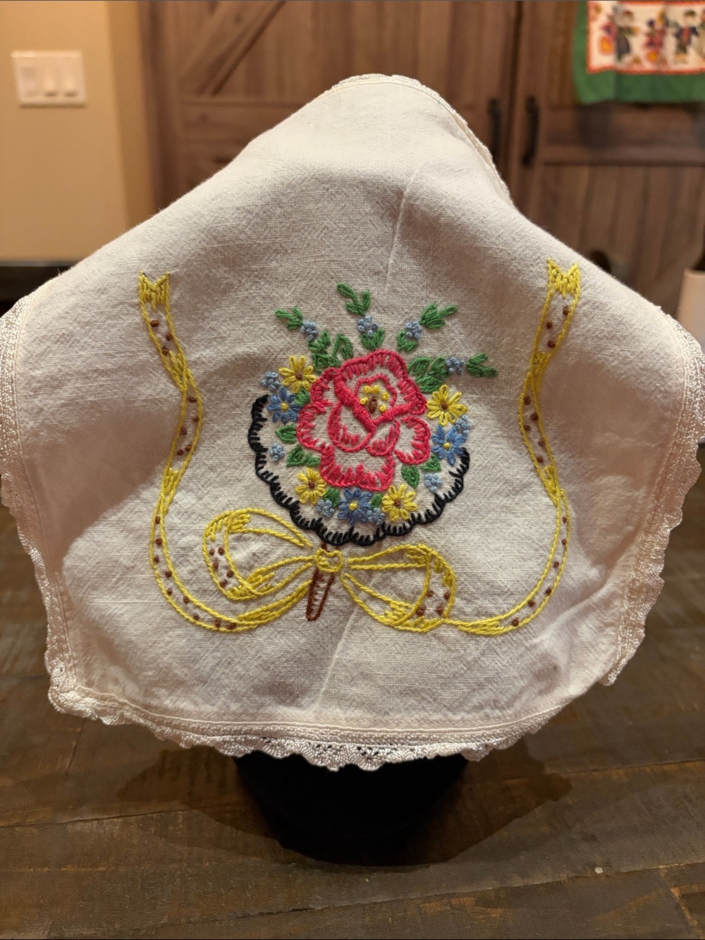 Pair of Vintage Hand-Embroidered Floral Tea Party Linens (c. 1940s–1950s)